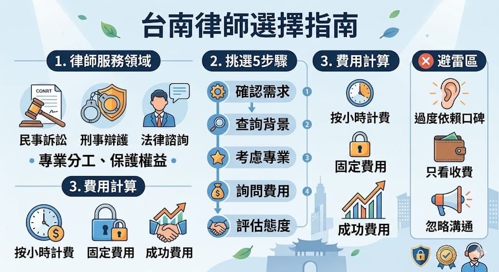 在台南尋找律師時，選擇合適的律師至關重要。無論是需要法律諮詢、處理民事案件、刑事辯護，還是尋求專業的法律顧問，了解不同律師的專業領域與服務範疇將有助於做出最佳選擇。本文深入探討如何挑選台南律師，律師的服務項目、專業領域及費用結構，幫助您在法律問題上作出明智的決策，保障自身的法律權益。